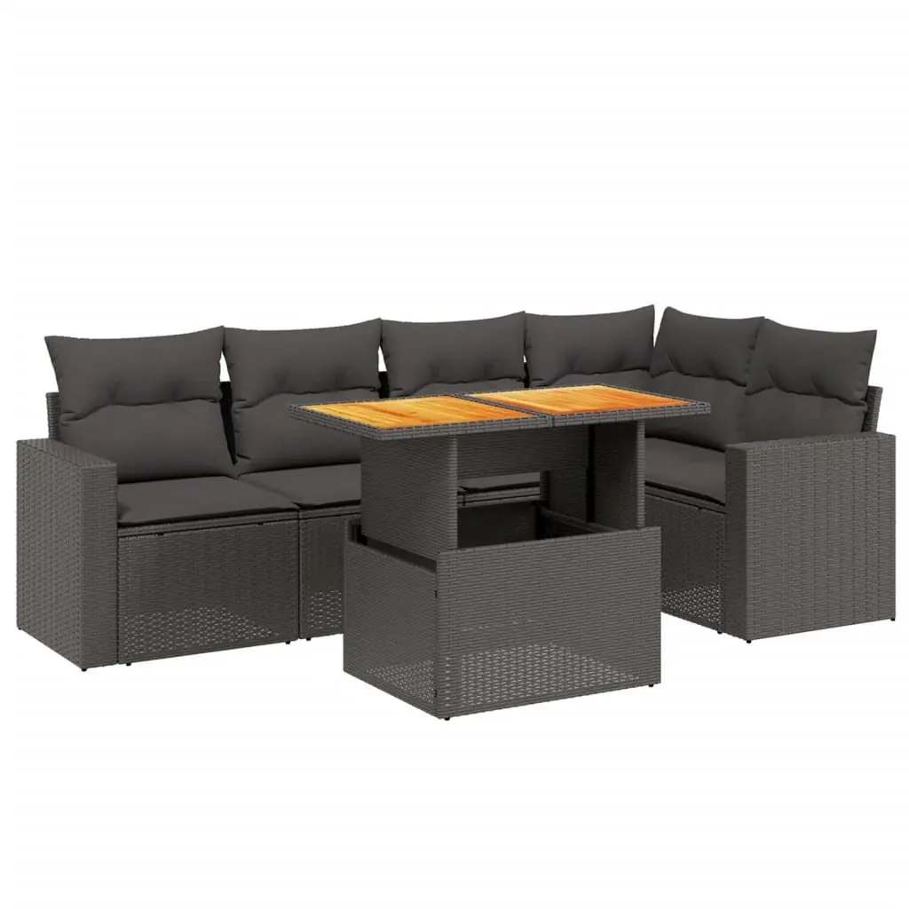 6 Piece Modular Outdoor Sofa Set Black PE Rattan with Adjustable Table and Thick Cushions