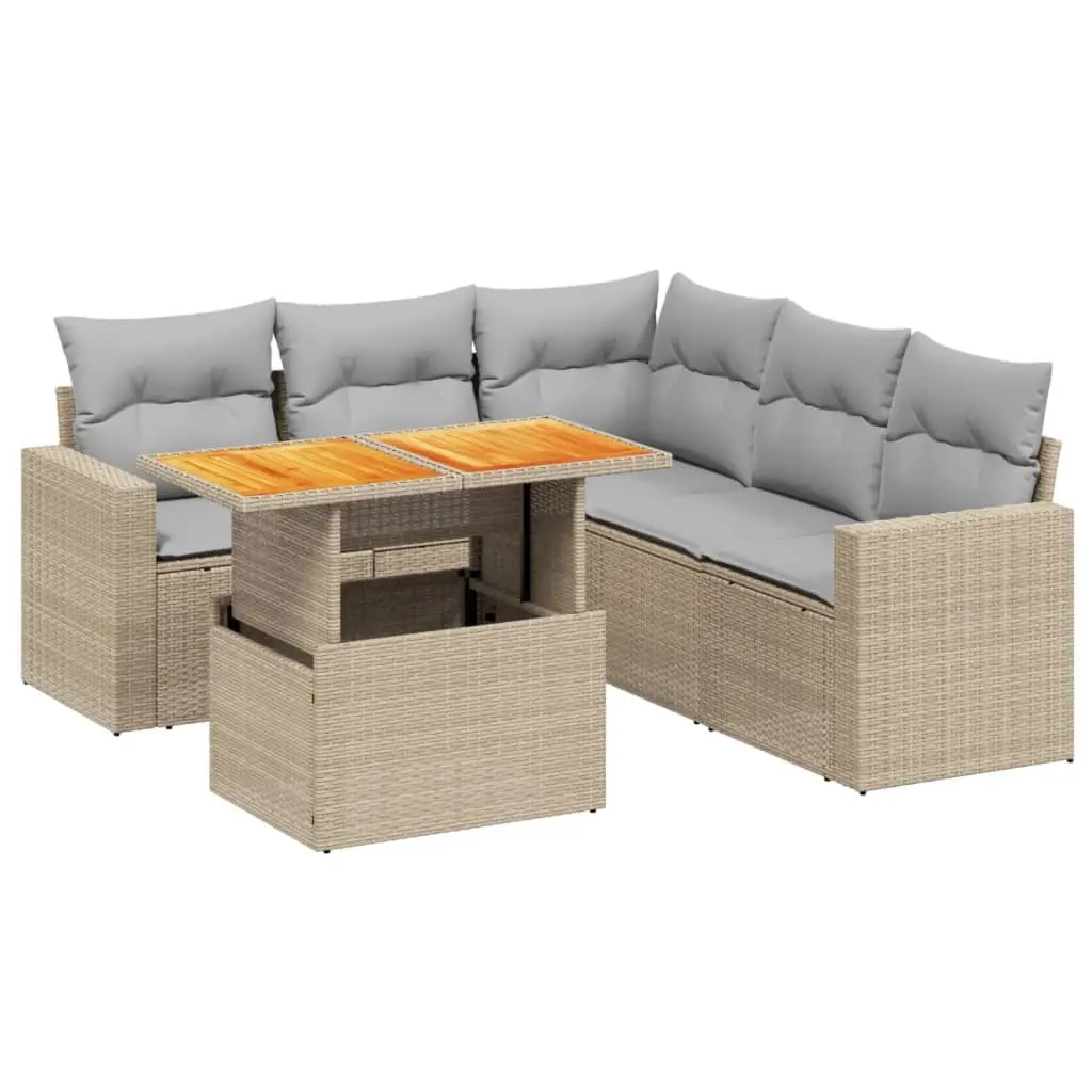 Garden Sofa Set 6 Piece Outdoor Furniture Beige Poly Rattan Patio Lounge with