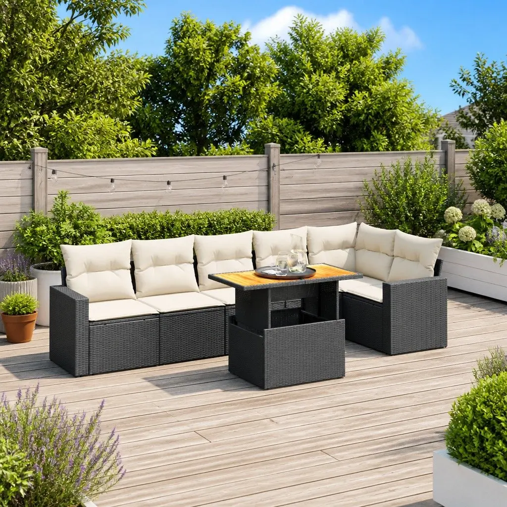7 Piece Garden Sofa Set PE Rattan Black with Cushions Outdoor Furniture