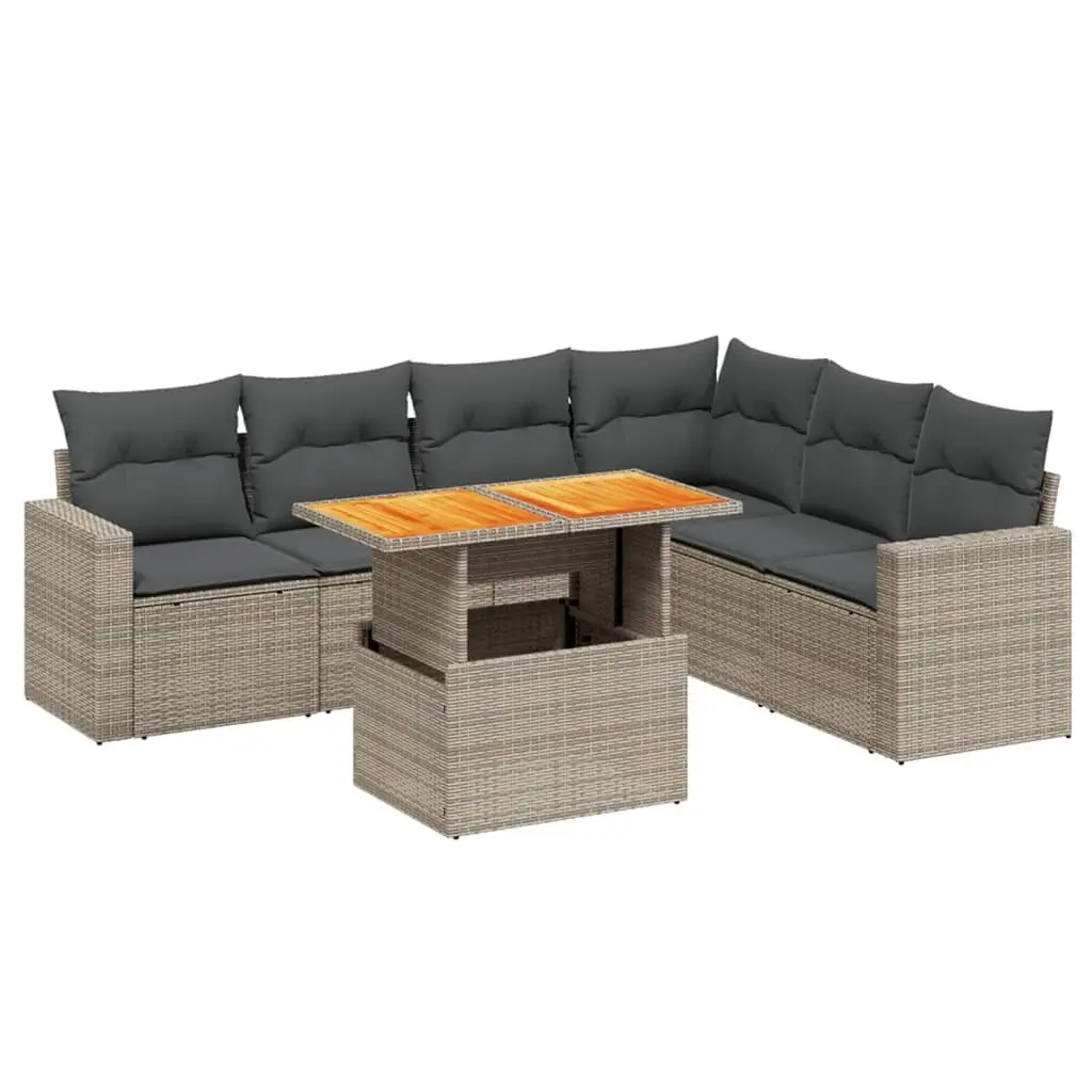 Modular Outdoor Furniture Set 7 Piece Grey Poly Rattan Patio Lounge with Adjustable Table and Thick Cushions