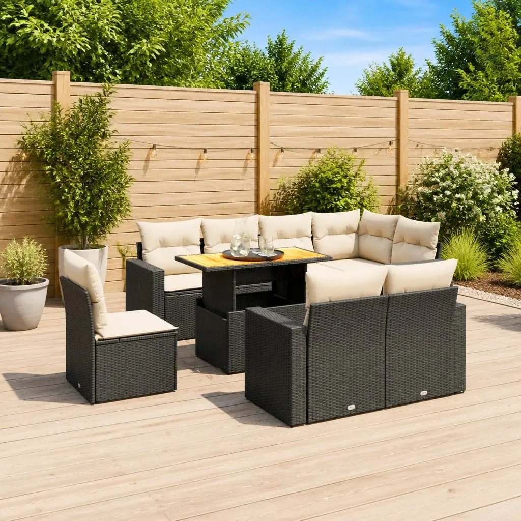 9 Piece Outdoor Furniture Sofa Set Black PE Rattan Cushions