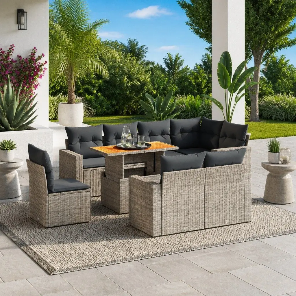 9 Piece Garden Sofa Set Modular Outdoor Furniture Grey PE Rattan Patio Lounge with Adjustable Tabletop and Padded Cushions