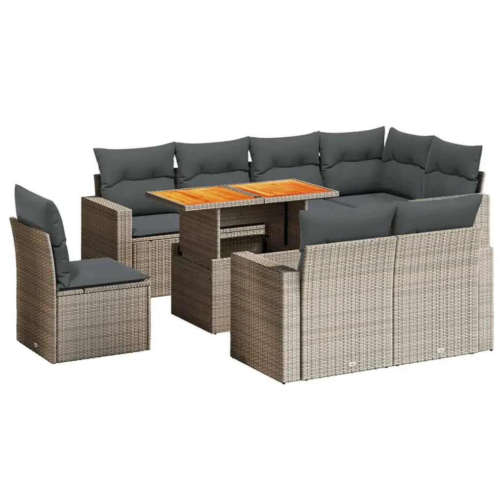 9 Piece Garden Sofa Set Modular Outdoor Furniture Grey PE Rattan Patio Lounge with Adjustable Tabletop and Padded Cushions