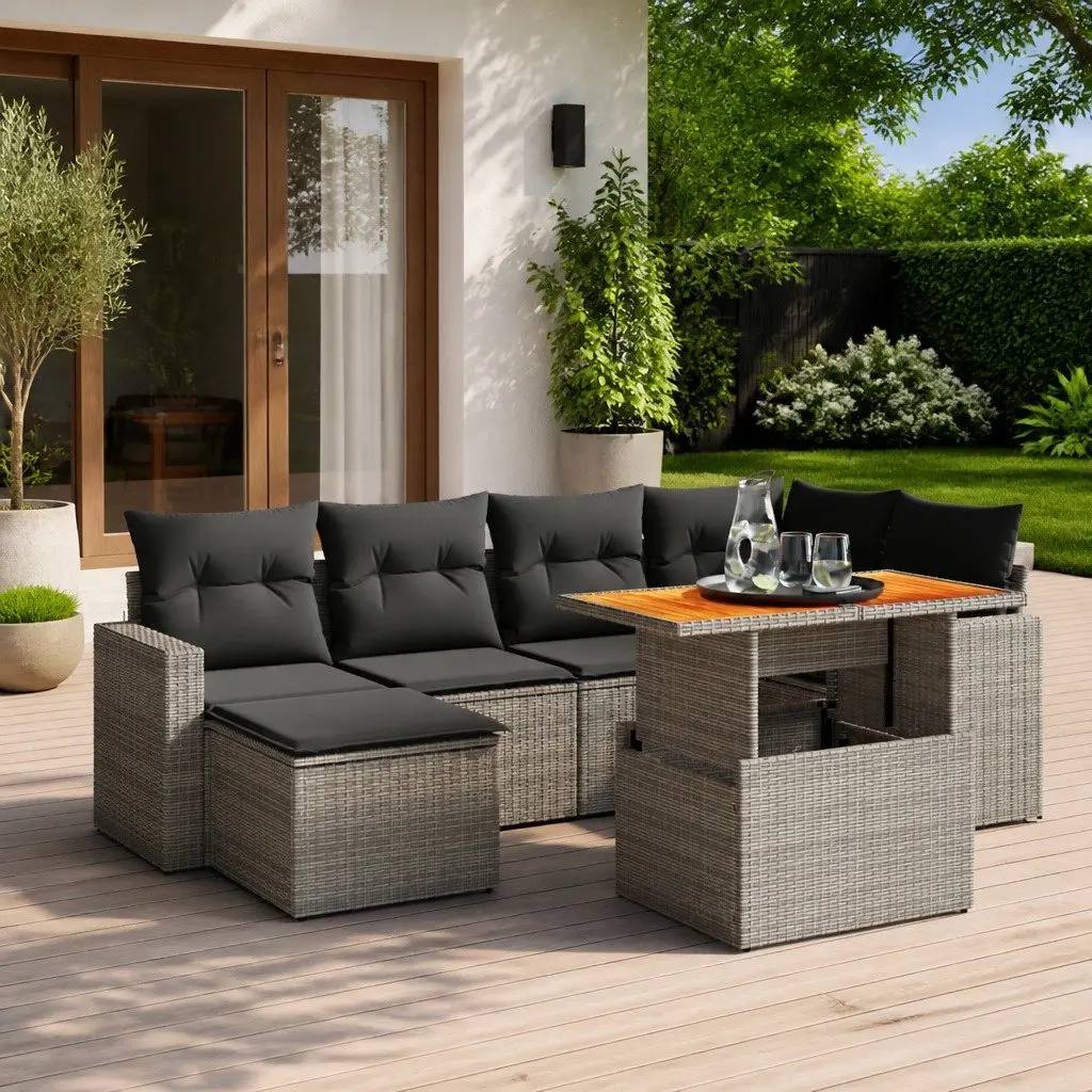 7 Piece Garden Sofa Set Grey PE Rattan Modular Outdoor Furniture Patio Lounge