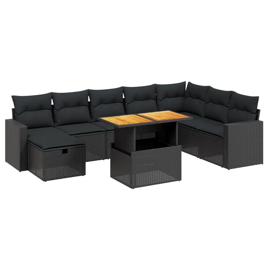 9PieceModularPatioSofaSetBlackPolyRattanFurniturewithCushionsandAdjustableTableforOutdoorGardenandTerrace