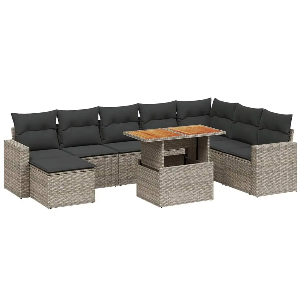 9 Piece Modular Garden Sofa Set Outdoor Furniture Grey Poly Rattan with Thick Cushions and Adjustable Table for Patio and Backyard