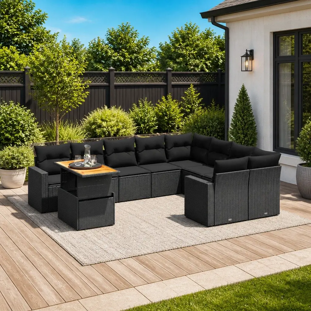 10 Piece Modular Outdoor Furniture Set Black PE Rattan Sofa with Adjustable Table and Thick Cushions