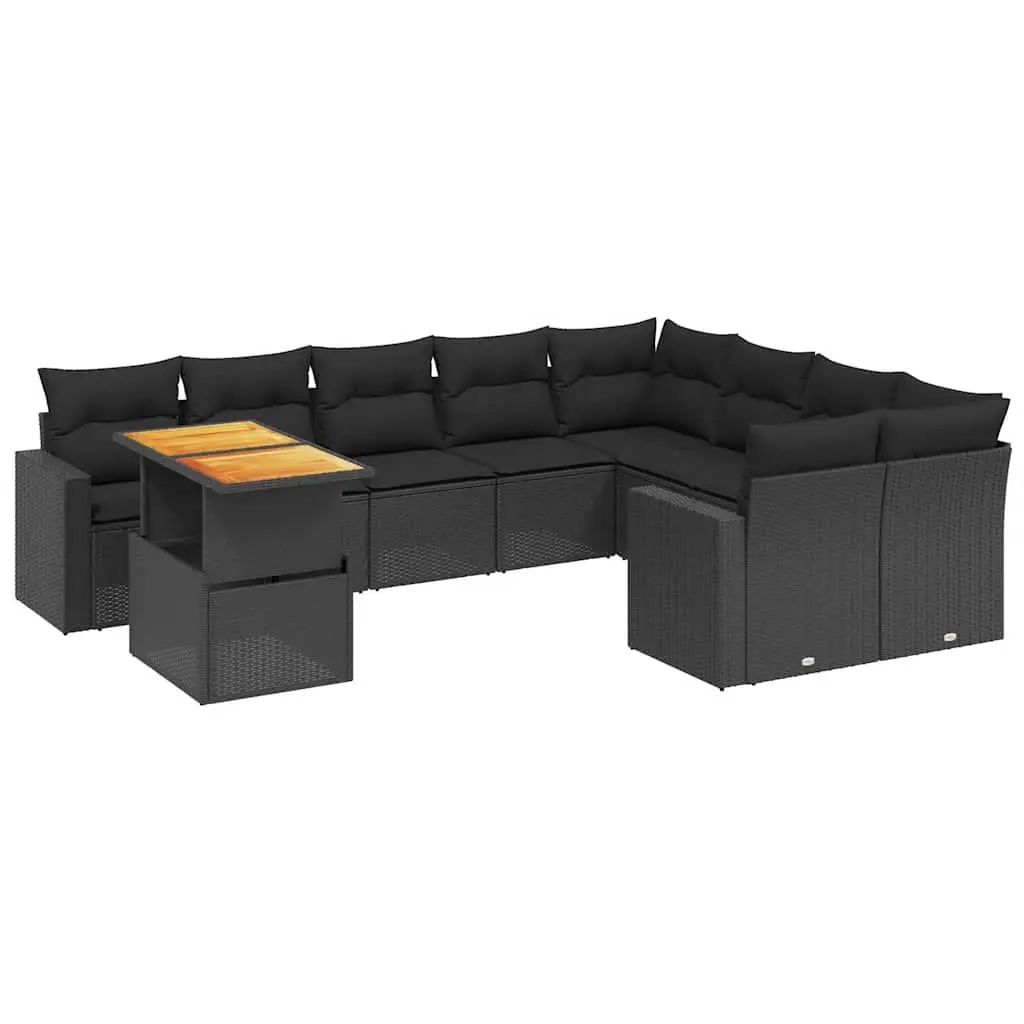 10 Piece Modular Outdoor Furniture Set Black PE Rattan Sofa with Adjustable Table and Thick Cushions
