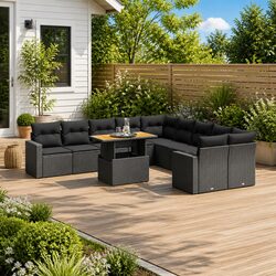 Garden Sofa Set 11 Piece Outdoor Furniture Black Poly Rattan Patio Seating