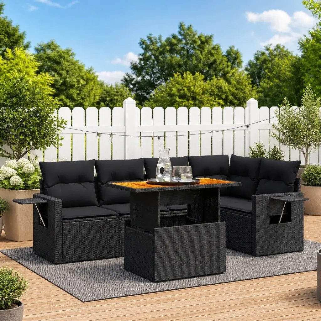 6 Piece Garden Sofa Set Poly Rattan Black Outdoor Furniture