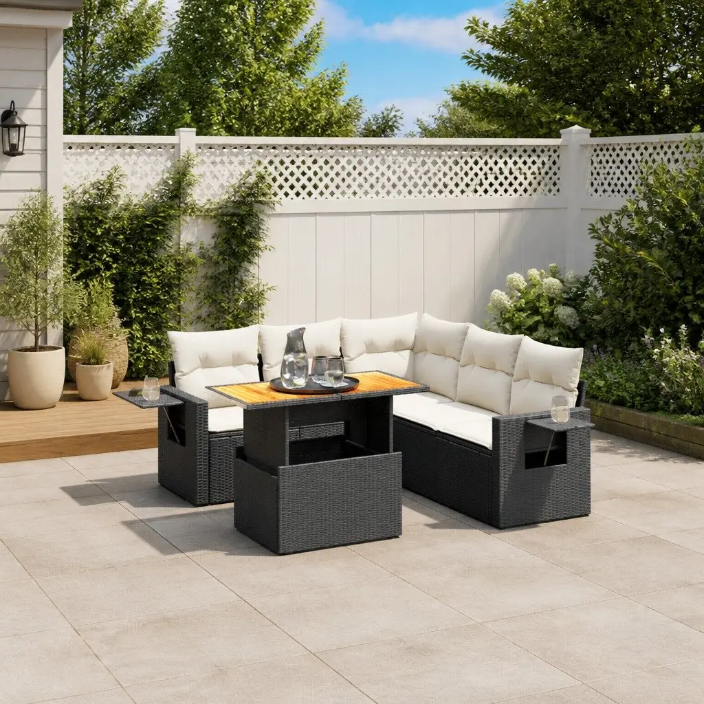 6 Piece Garden Sofa Set PE Rattan Modular Adjustable Table Black Outdoor Patio Furniture