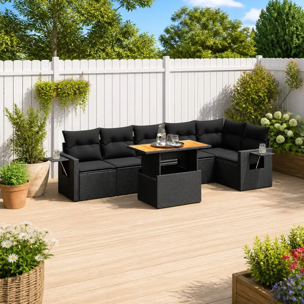 7 Piece Modular Garden Sofa Set Outdoor Patio Furniture with Adjustable Table Black Rattan and Cushions