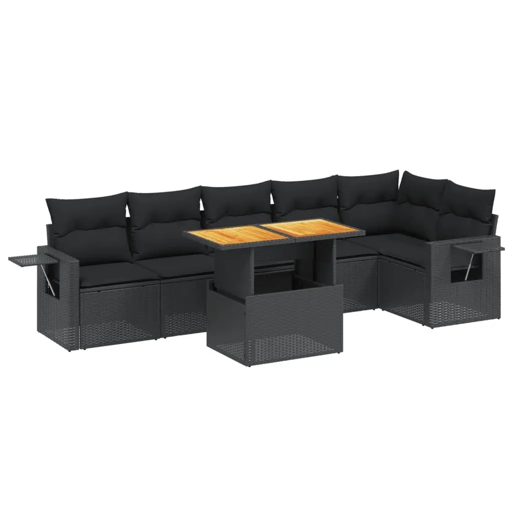 7 Piece Modular Garden Sofa Set Outdoor Patio Furniture with Adjustable Table Black Rattan and Cushions
