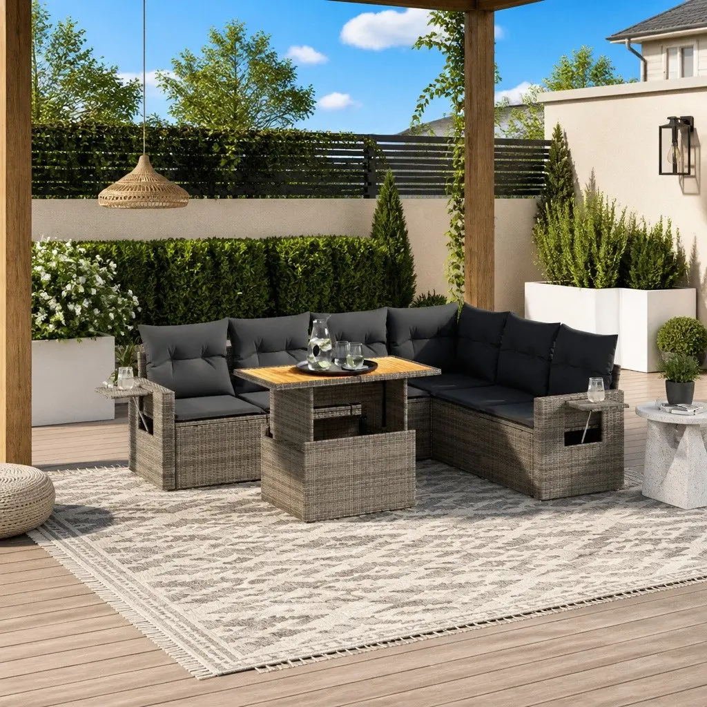7 Piece Garden Sofa Set PE Rattan Frame Adjustable Dining Table Foldable Side Table Grey