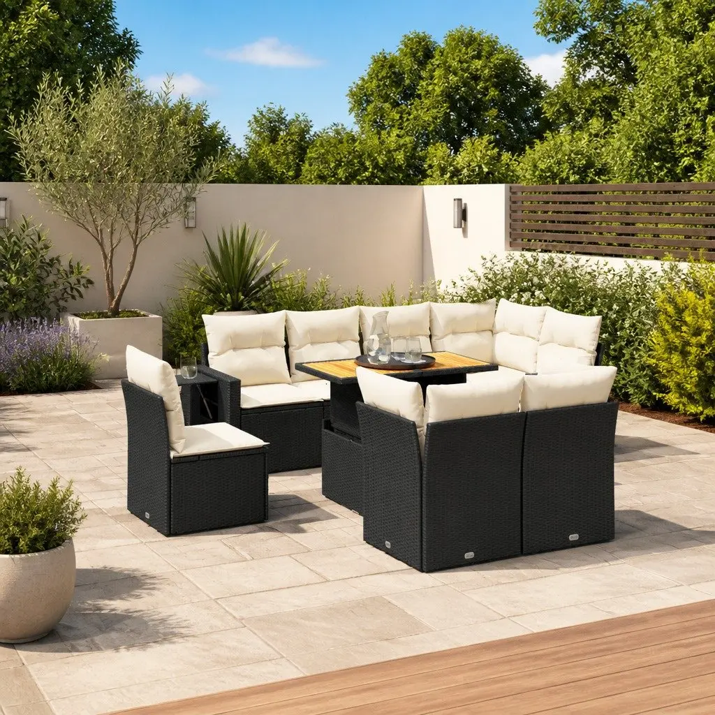 9 Piece Modular Black PE Rattan Garden Sofa Set Outdoor Furniture with Adjustable Table and Foldable Side Table
