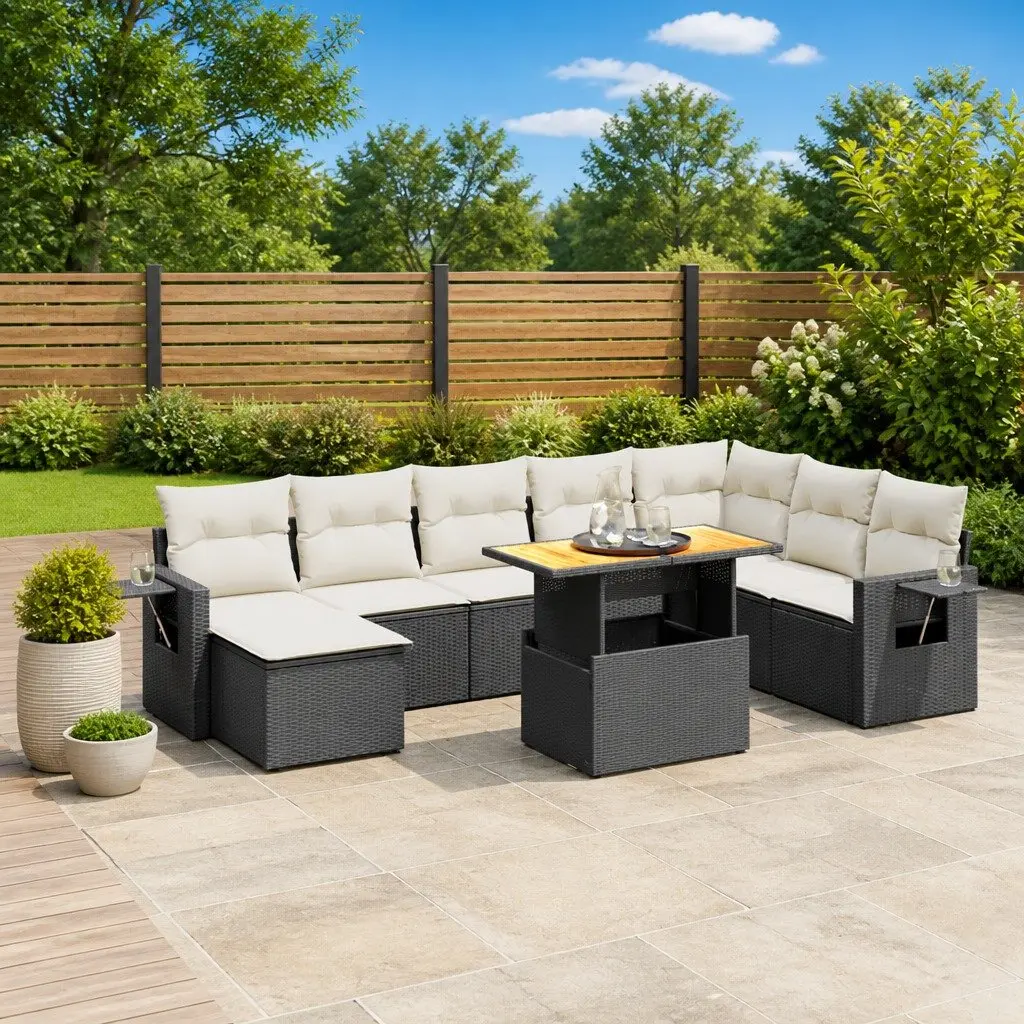 Garden Sofa Set 9 Piece Outdoor Furniture Black Poly Rattan with Cushions Patio