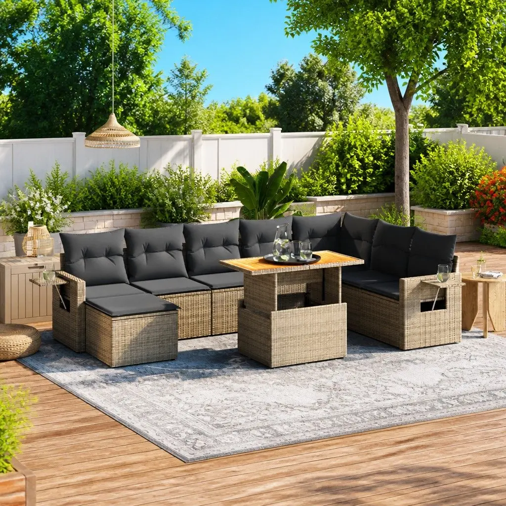 9 Piece Modular Patio Sofa Set Grey PE Rattan Outdoor Furniture with Cushions and Adjustable Table
