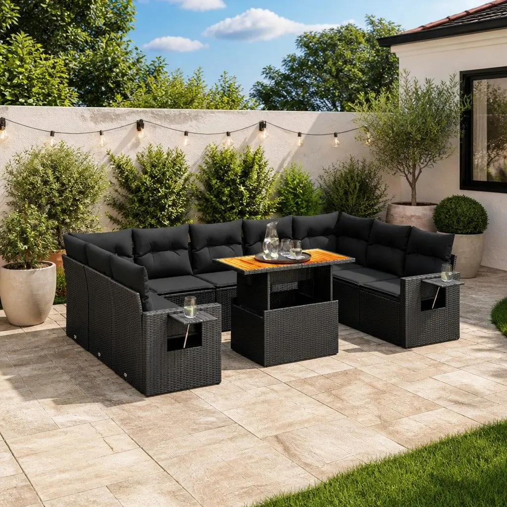 10 Piece Modular Outdoor Furniture Sofa Set Cushioned Black PE Rattan Garden Patio