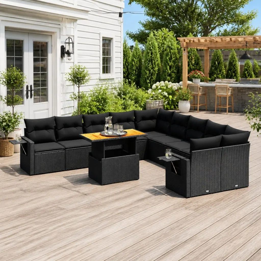 11 Piece Outdoor Garden Sofa Set Black Poly Rattan Patio Furniture with Cushions