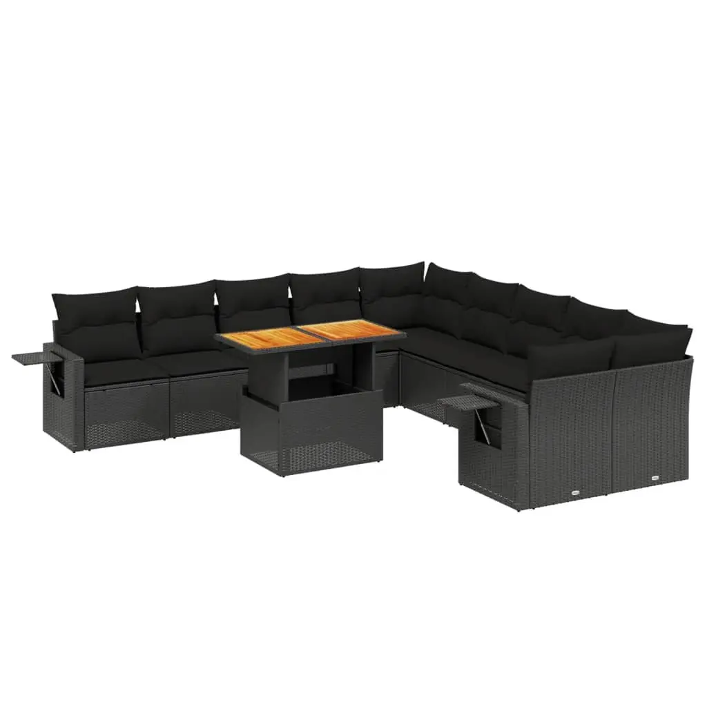 11 Piece Outdoor Garden Sofa Set Black Poly Rattan Patio Furniture with Cushions