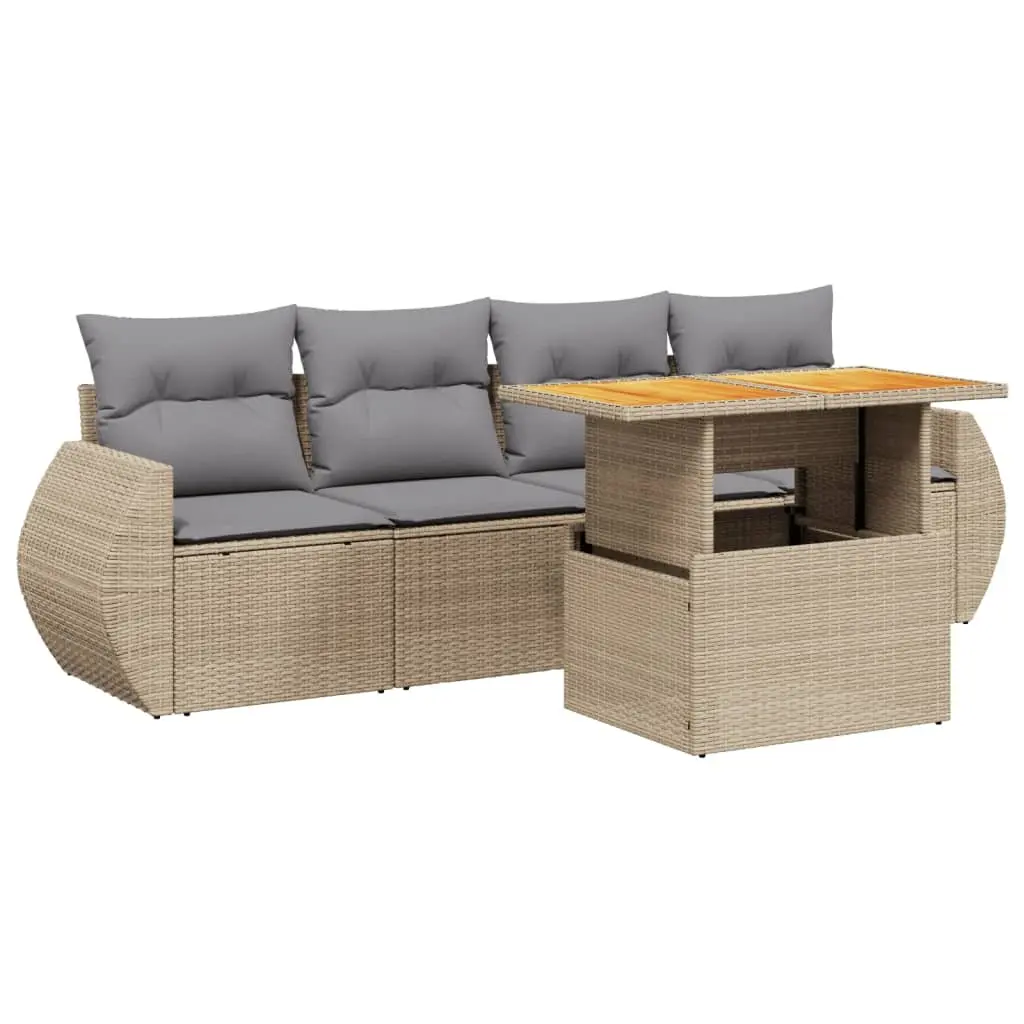 5 Piece Garden Sofa Set PE Rattan Modular Adjustable Dining Table Beige