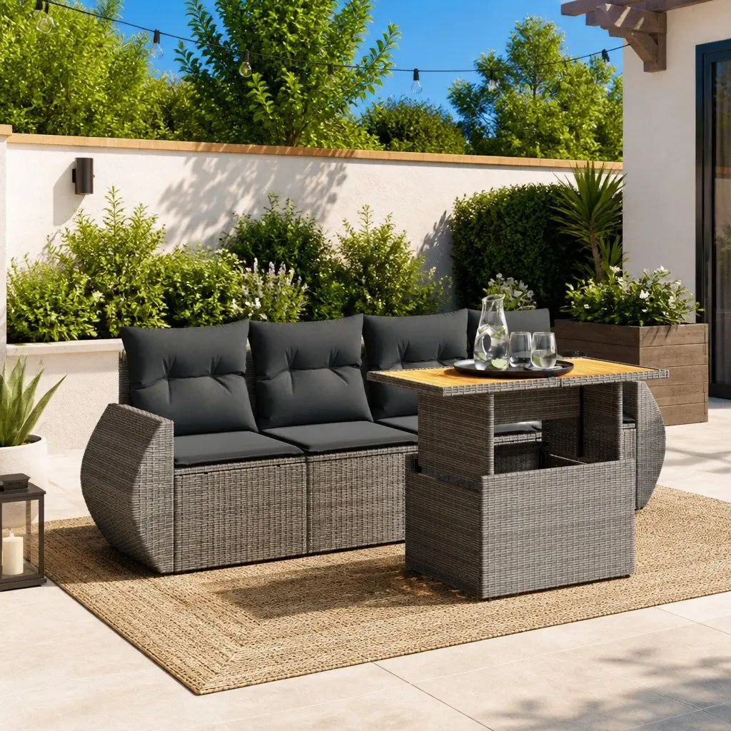 5 Piece Garden Sofa Set Outdoor Patio Furniture Grey Poly Rattan with Cushions