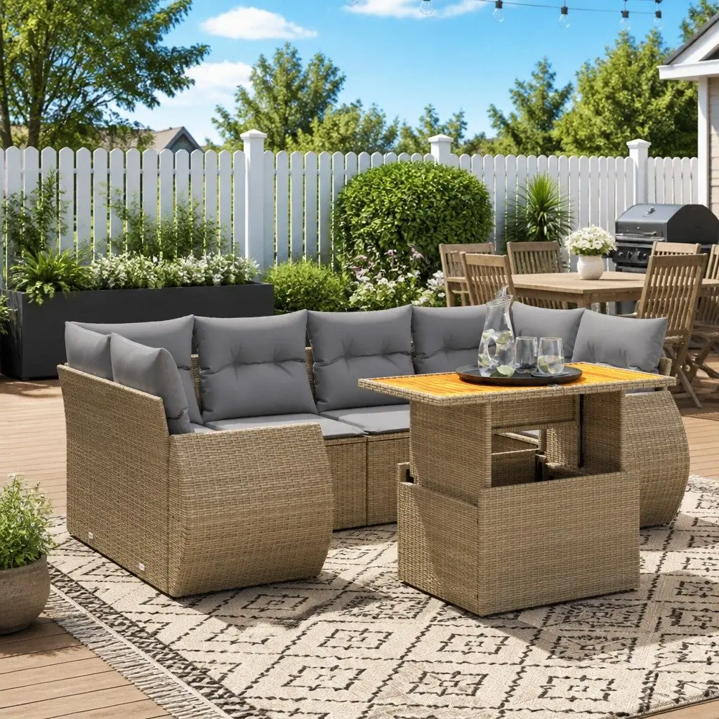 Outdoor Garden Sofa Set 7 Piece Patio Furniture with Cushions Beige Rattan