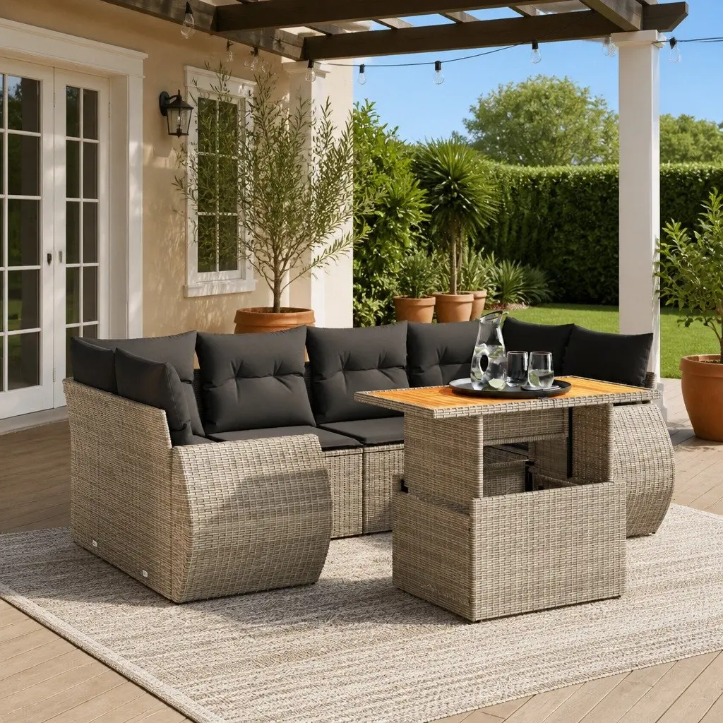Modular Outdoor Furniture 7 Piece Grey PE Rattan Sofa Set with Cushions for Patio Lounge