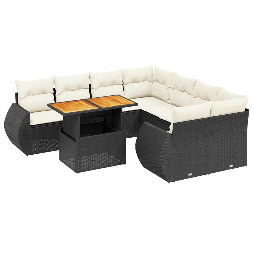 9 Piece Outdoor Sofa Set Black PE Rattan with Cushions Adjustable Table