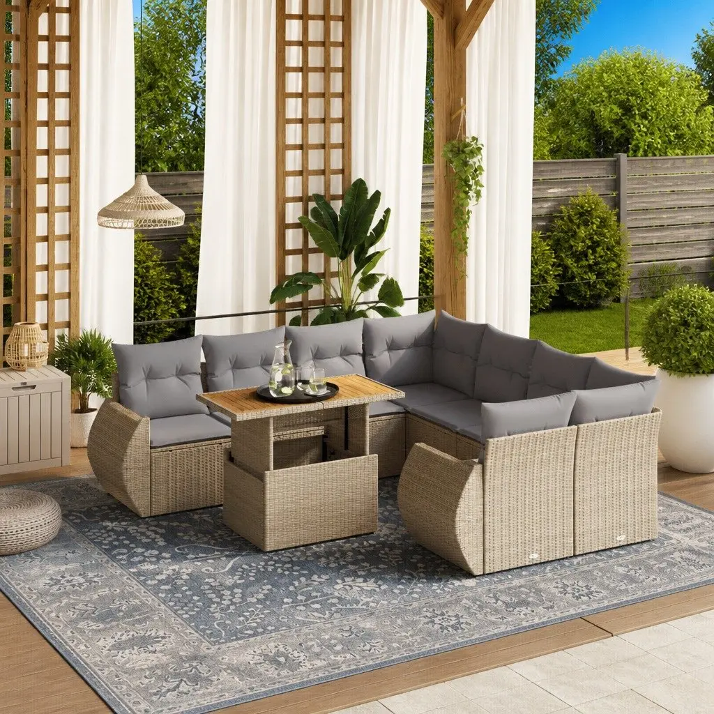 9 Piece Outdoor Garden Sofa Set PE Rattan Modular Beige Patio Furniture with Cushions