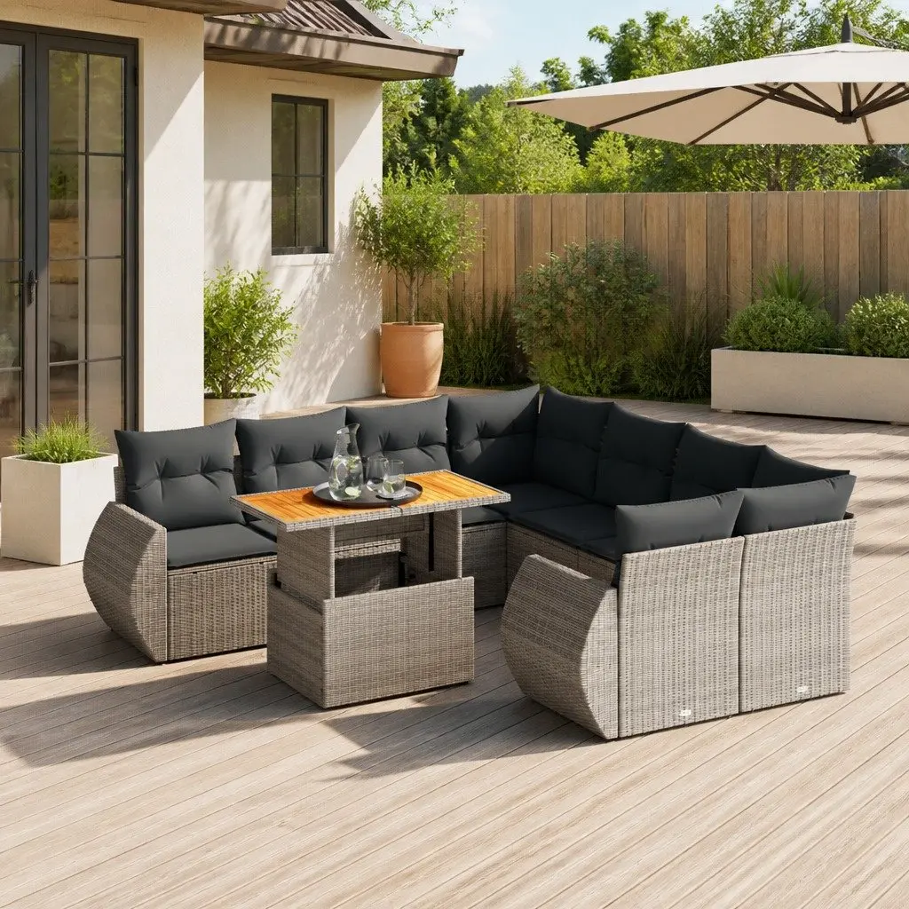 Garden Sofa Set 9 Piece Outdoor Furniture Patio with Cushions Grey Poly Rattan