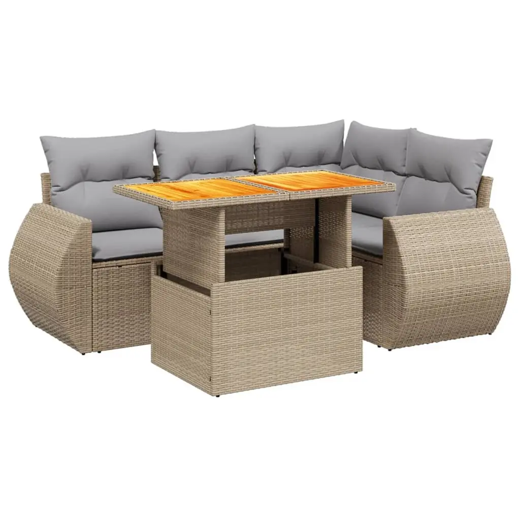 Garden Sofa Set 5 Piece Outdoor Furniture Beige Poly Rattan Patio Seating with