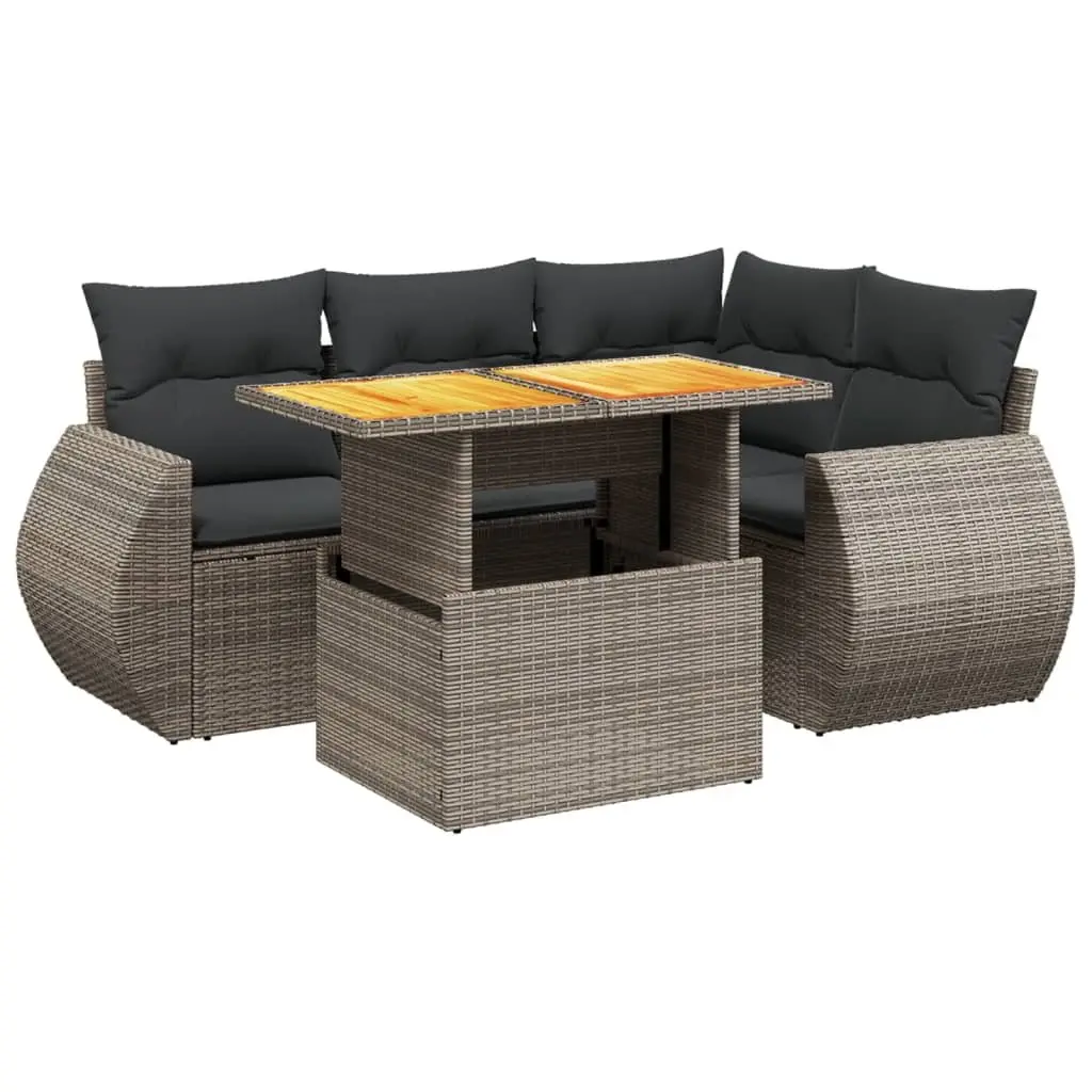5 Piece Outdoor Garden Sofa Set with Cushions Grey Poly Rattan Patio Furniture