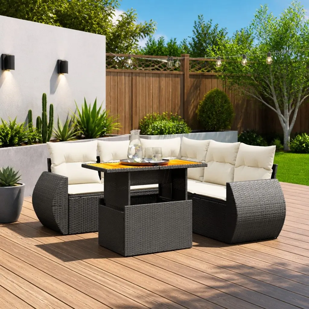 Outdoor Patio Furniture Modular Black PE Rattan Sofa Set 6 Piece with Adjustable Tabletop and Cushions