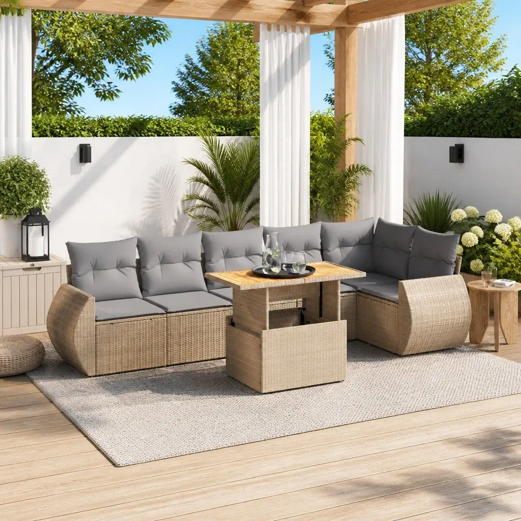 Garden Sofa Set 7 Piece Outdoor Furniture Poly Rattan Beige Patio Lounge with