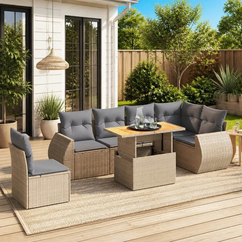 Garden Sofa Set 7 Piece Outdoor Furniture Patio Lounge with Cushions Beige