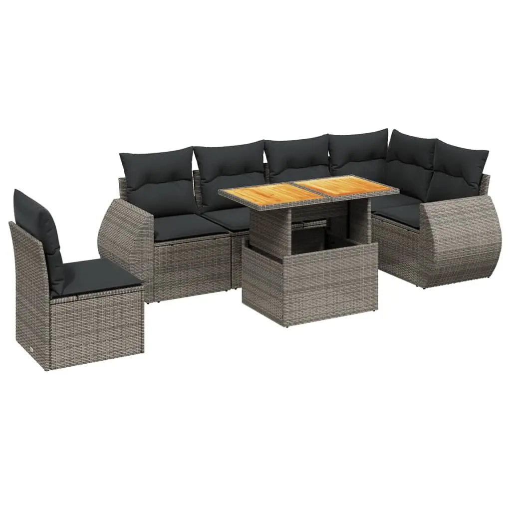 7 Piece Modular Outdoor Furniture Set Grey PE Rattan Sofa with Cushions and Adjustable Table for Patio