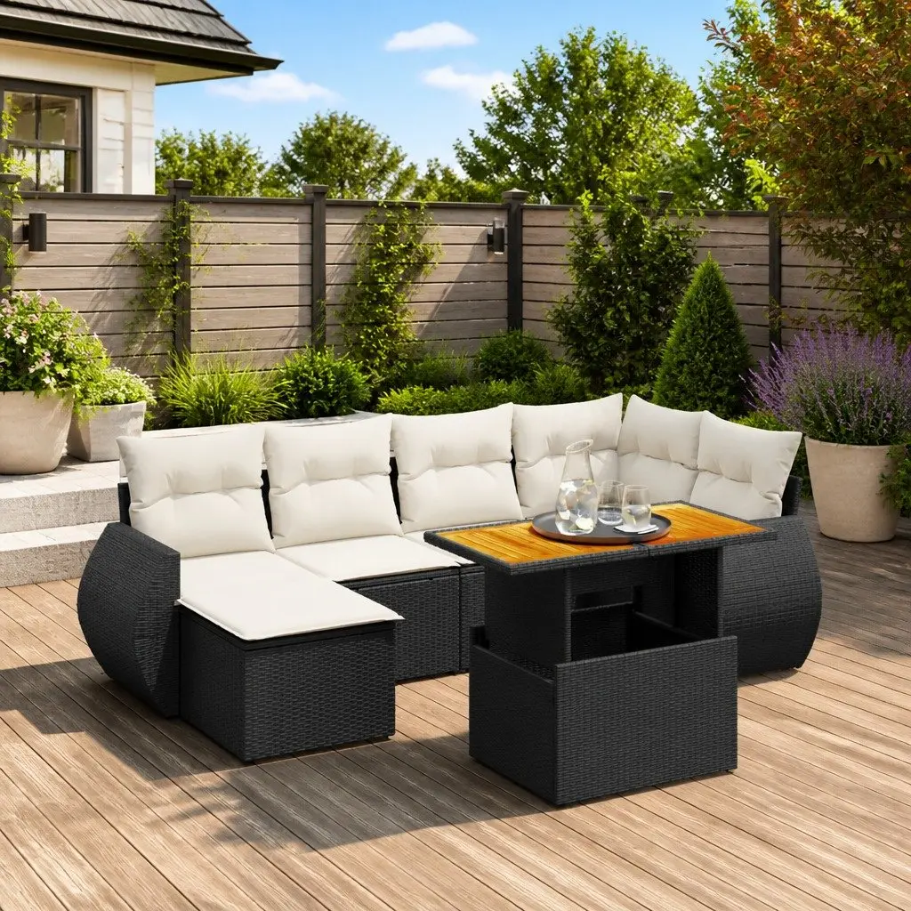 7 Piece Modular Black Poly Rattan Outdoor Sofa Set with Adjustable Tabletop and Thick Cushions for Patio and Garden
