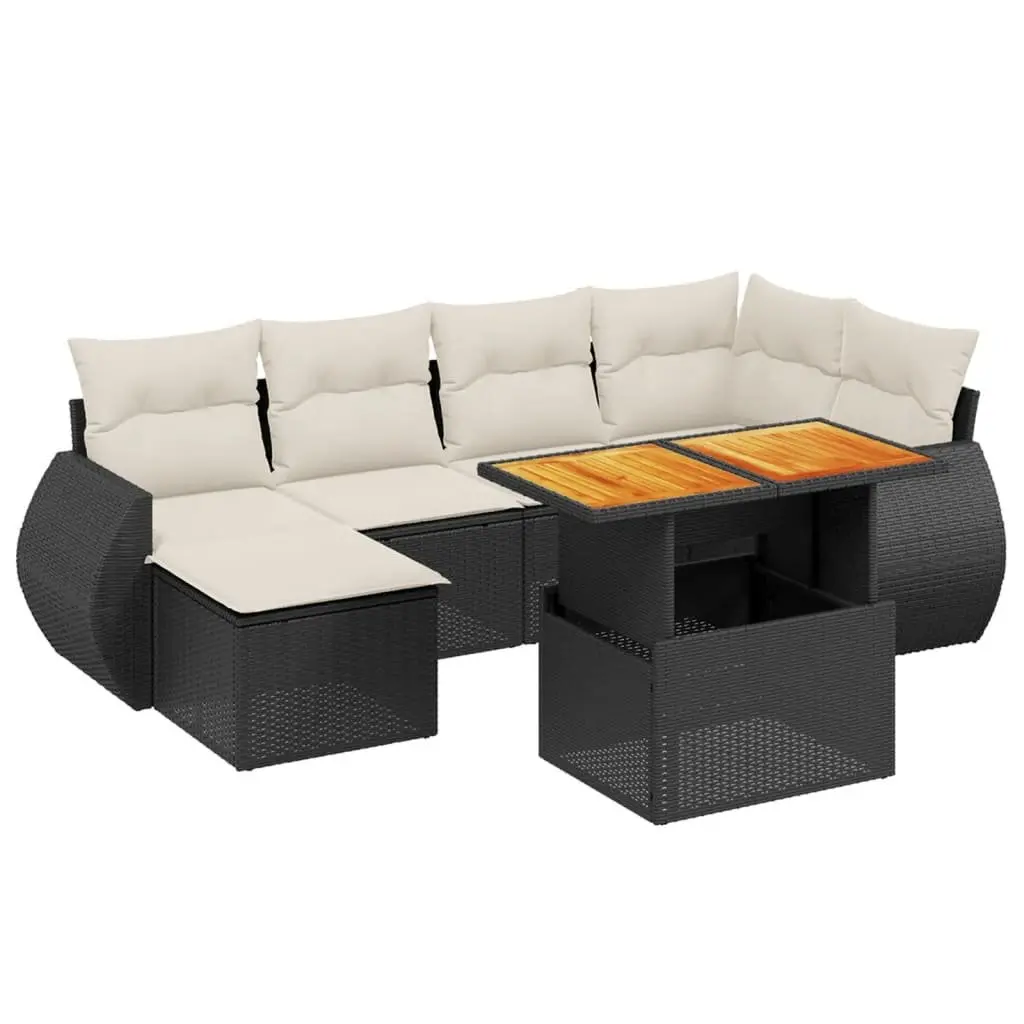 7 Piece Modular Black Poly Rattan Outdoor Sofa Set with Adjustable Tabletop and Thick Cushions for Patio and Garden