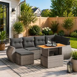 7 Piece Garden Sofa Set with Adjustable Table Grey PE Rattan Outdoor Furniture