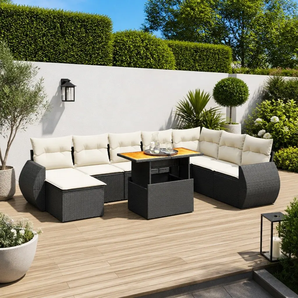 Garden Sofa Set PE Rattan 9 Piece Modular Outdoor Furniture Black Patio Lounge