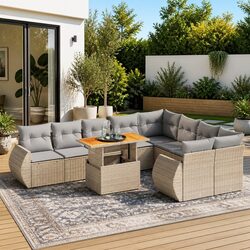 Garden Sofa Set 10 Piece Outdoor Furniture with Cushions Beige Poly Rattan