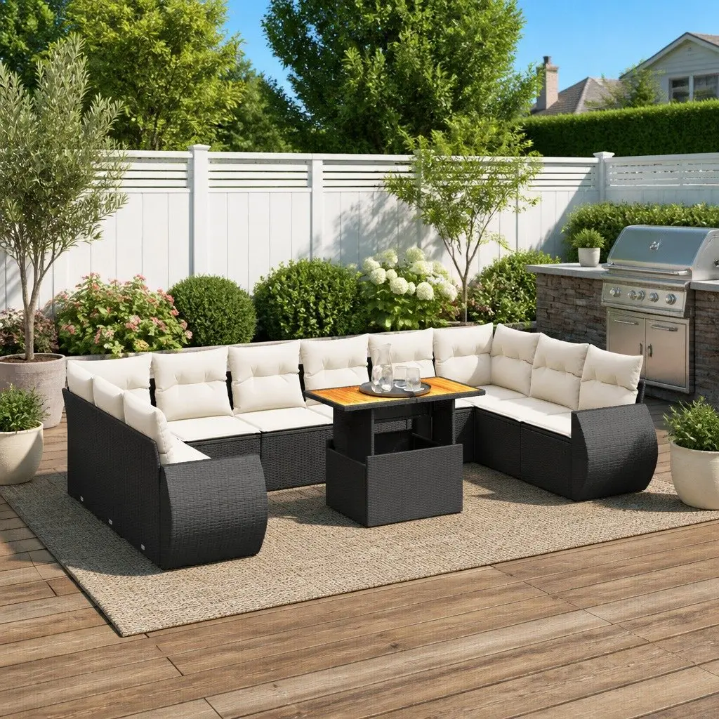11 Piece Modular Outdoor Sofa Set Black PE Rattan with Cushions Adjustable Table