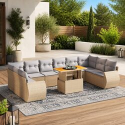 Garden Sofa Set 11 Piece Outdoor Furniture Patio Seating Beige Poly Rattan with