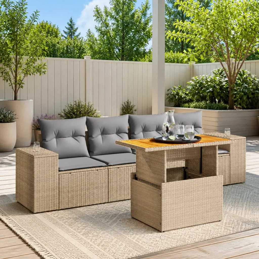 5 Piece Garden Sofa Set PE Rattan Beige Outdoor Patio Furniture with Cushions