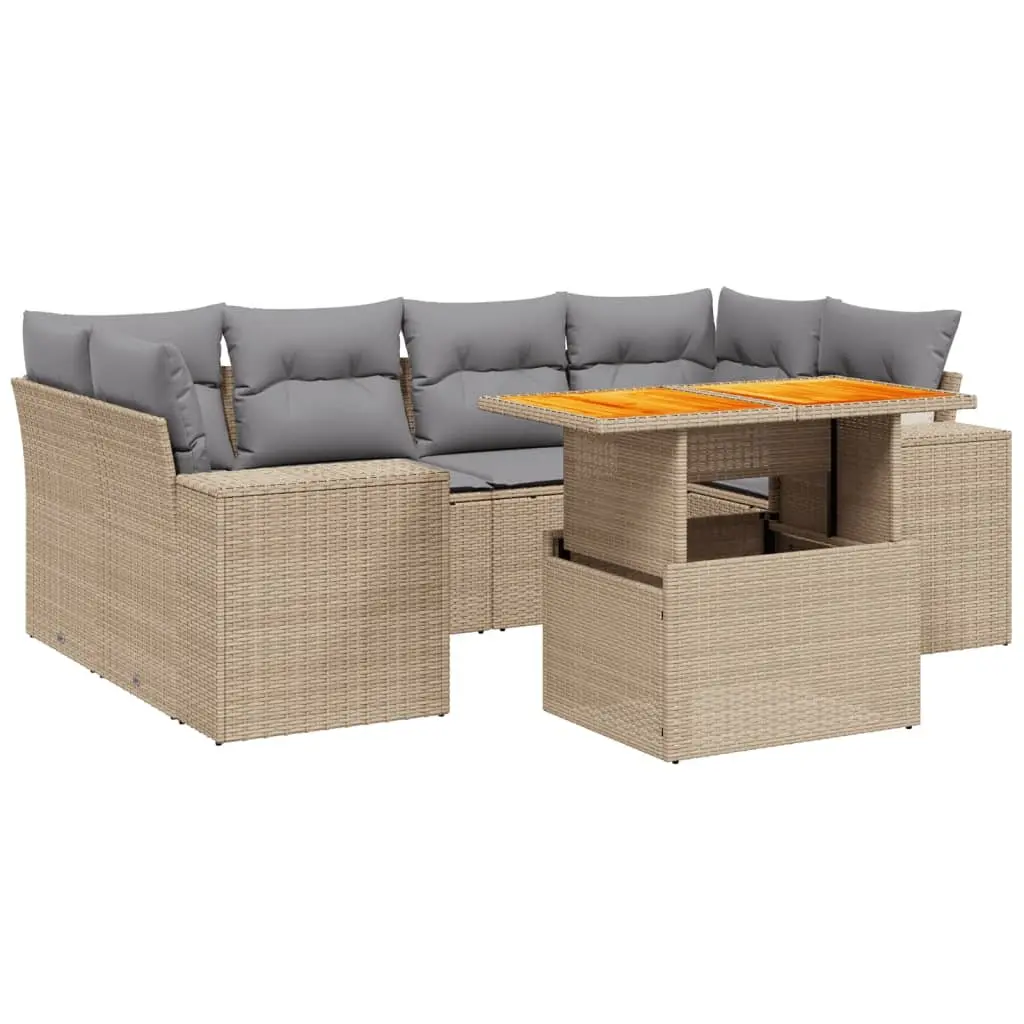 7 Piece Modular Outdoor Garden Sofa Set Beige PE Rattan with Adjustable Tabletop and Removable Cushion Covers