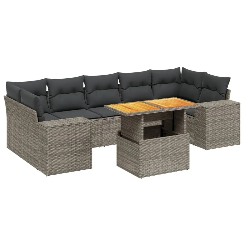 Outdoor Sofa Set Grey Modular PE Rattan 8 Piece with Cushions and Adjustable Tabletop