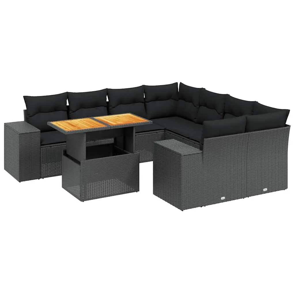 9 Piece Garden Sofa Set Black Poly Rattan Outdoor Patio Furniture Cushions