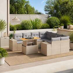9 Piece Outdoor Garden Sofa Set Beige Poly Rattan Patio Furniture with Cushions