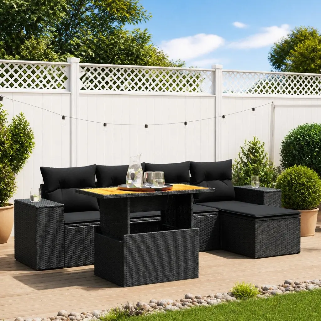 Garden Sofa Set 6 Piece Outdoor Furniture Patio Black Poly Rattan Modular